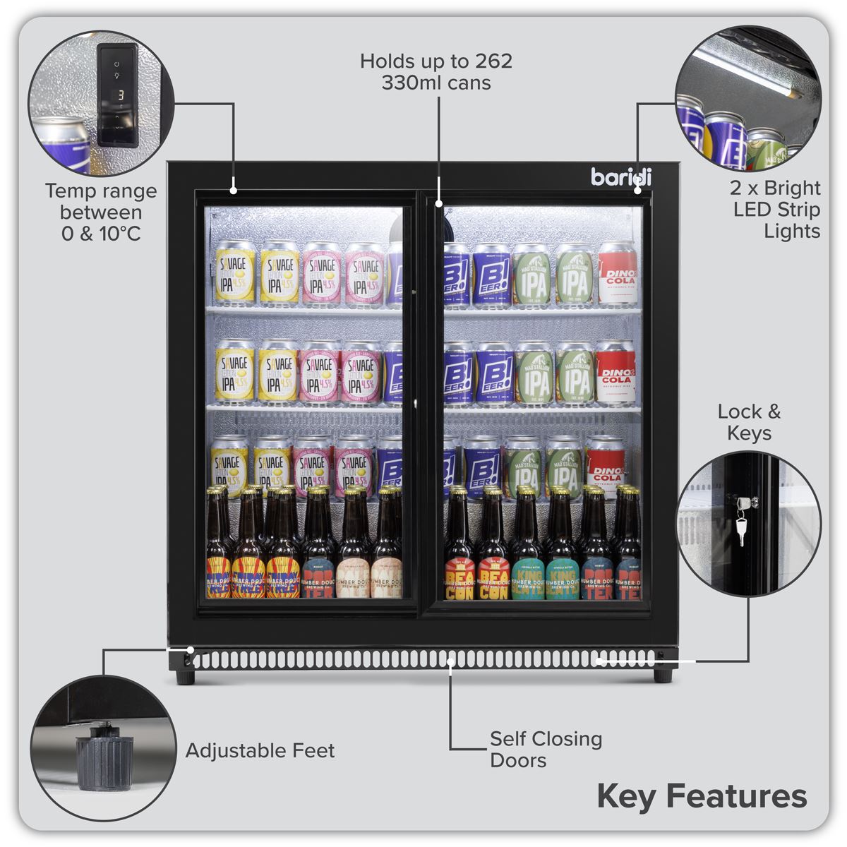Baridi Back Bar Drinks Fridge/Cooler with Double Sliding Doors, 190L Capacity