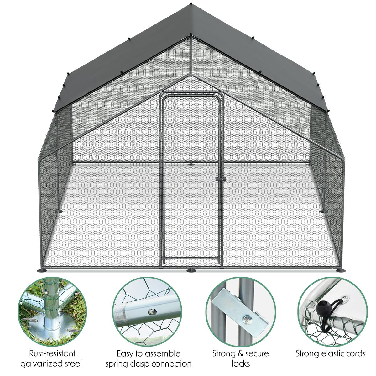 Dellonda Walk-In Galvanized Steel Chicken Run with Roof Cover & PVC Coated Chicken Wire