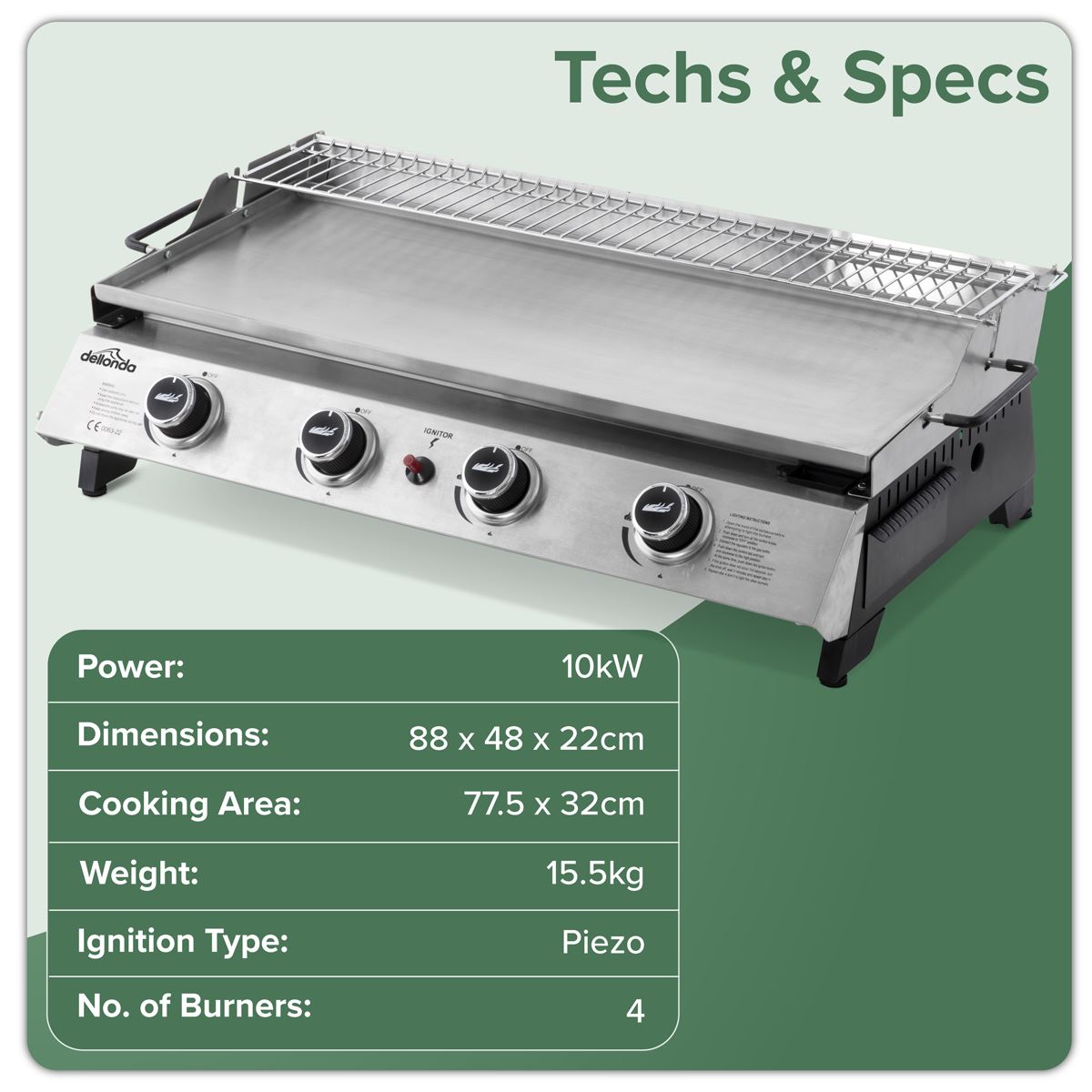 Dellonda 4 Burner Stainless Steel Portable Gas Plancha with Warming Rack 10kW