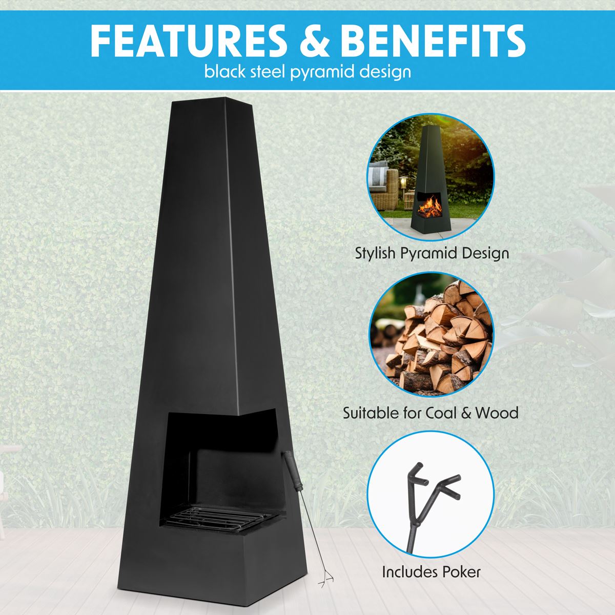 Dellonda Chiminea, Wood Burner, Heater for Outdoors W45cm x H150cm - Black Steel