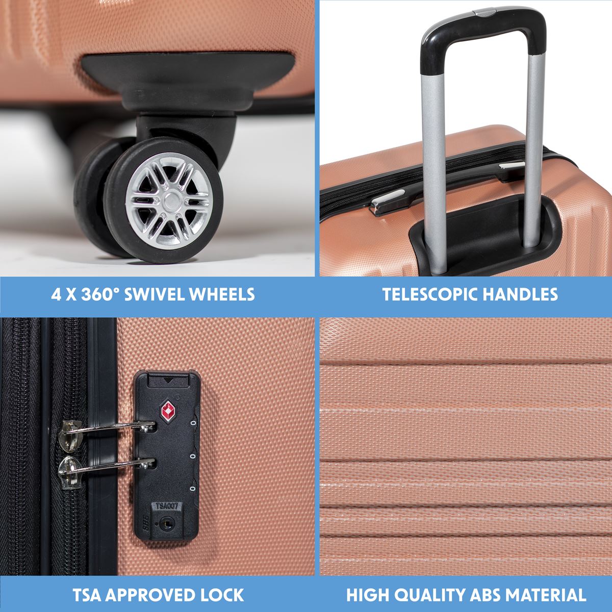 Dellonda Lightweight ABS Luggage Set with TSA Lock - Rose Gold