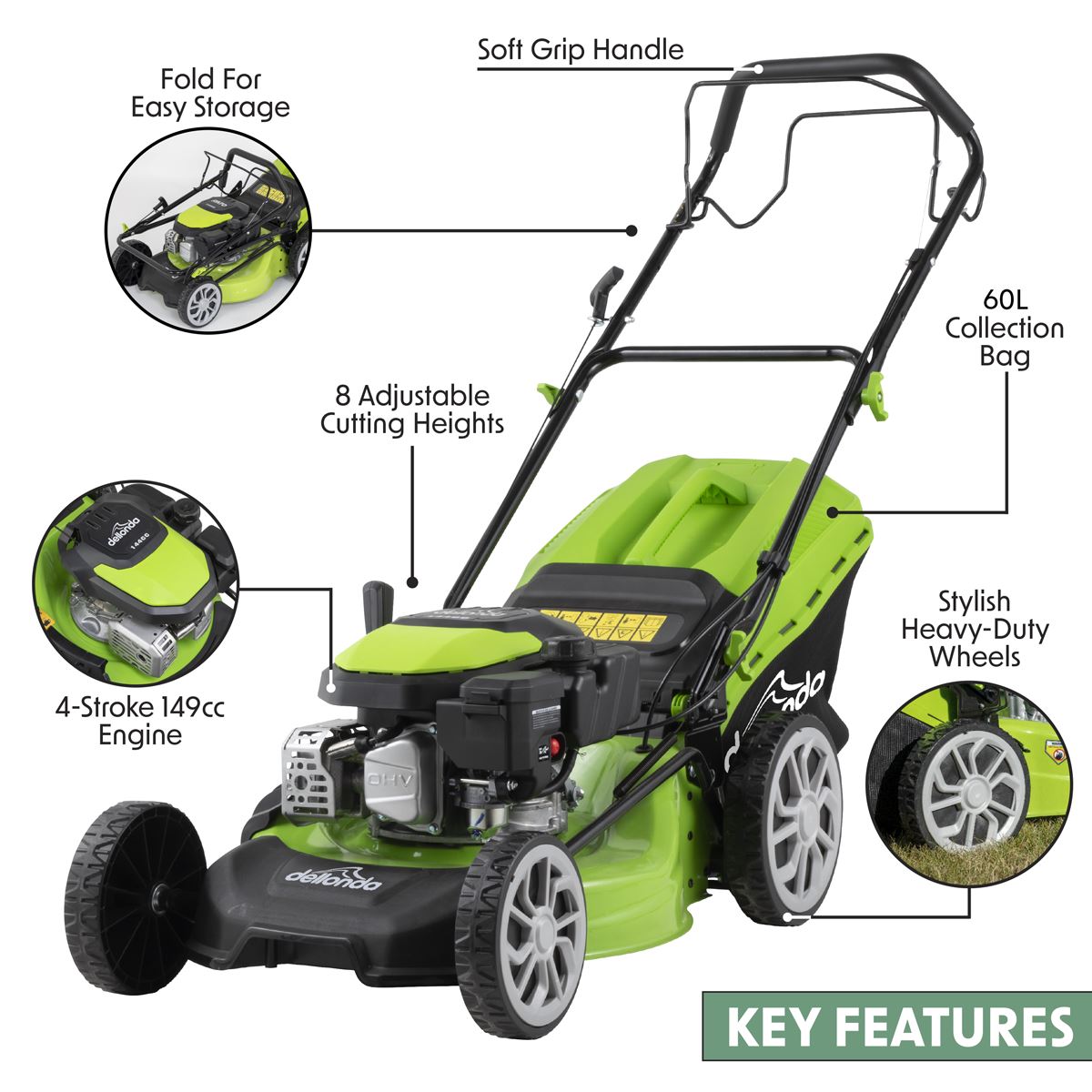 Dellonda Self-Propelled Petrol Lawnmower Grass Cutter with Height Adjustment & Grass Bag 144cc 18"/46cm 4-Stroke Engine