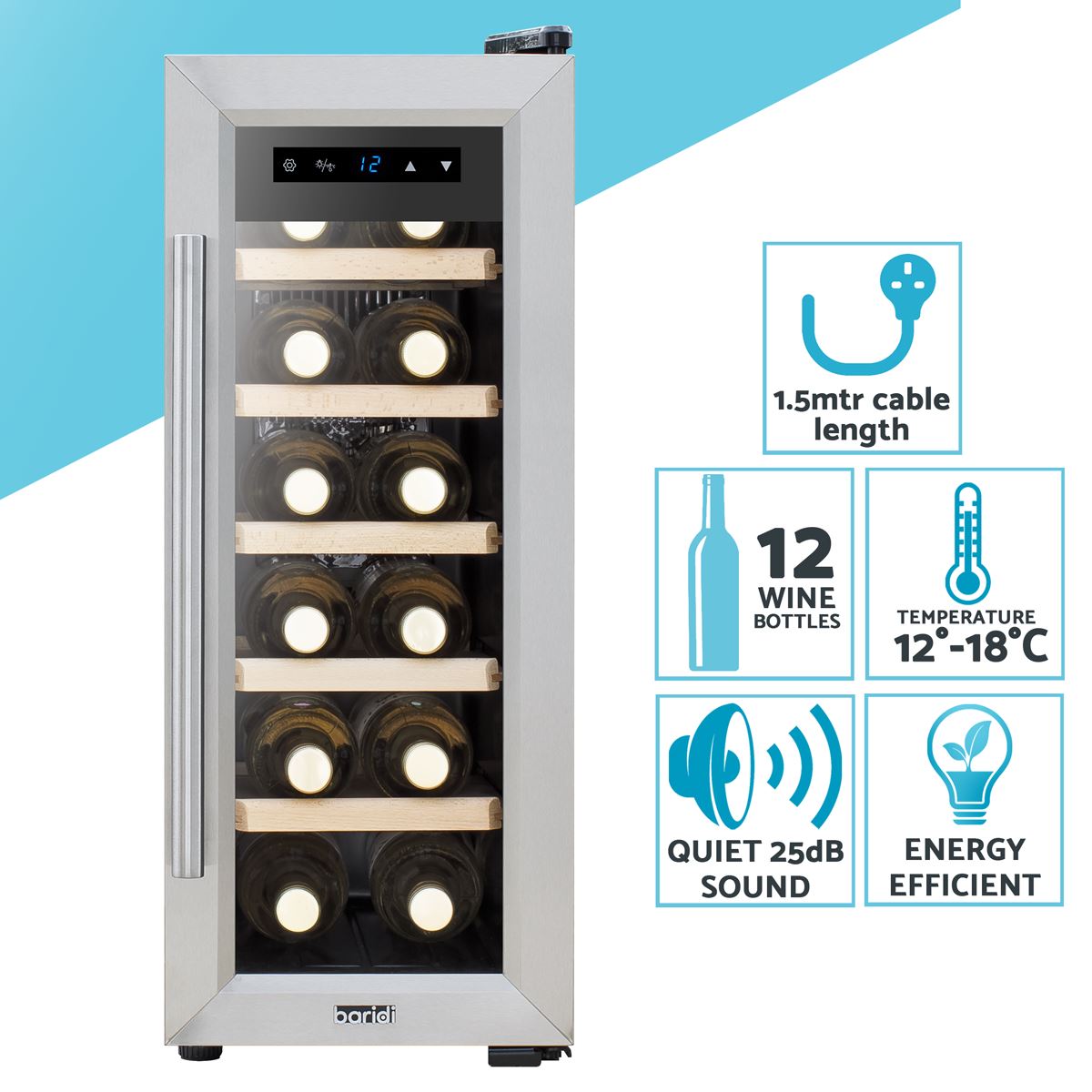 Baridi 12 Bottle Wine Fridge & Cooler - Stainless Steel