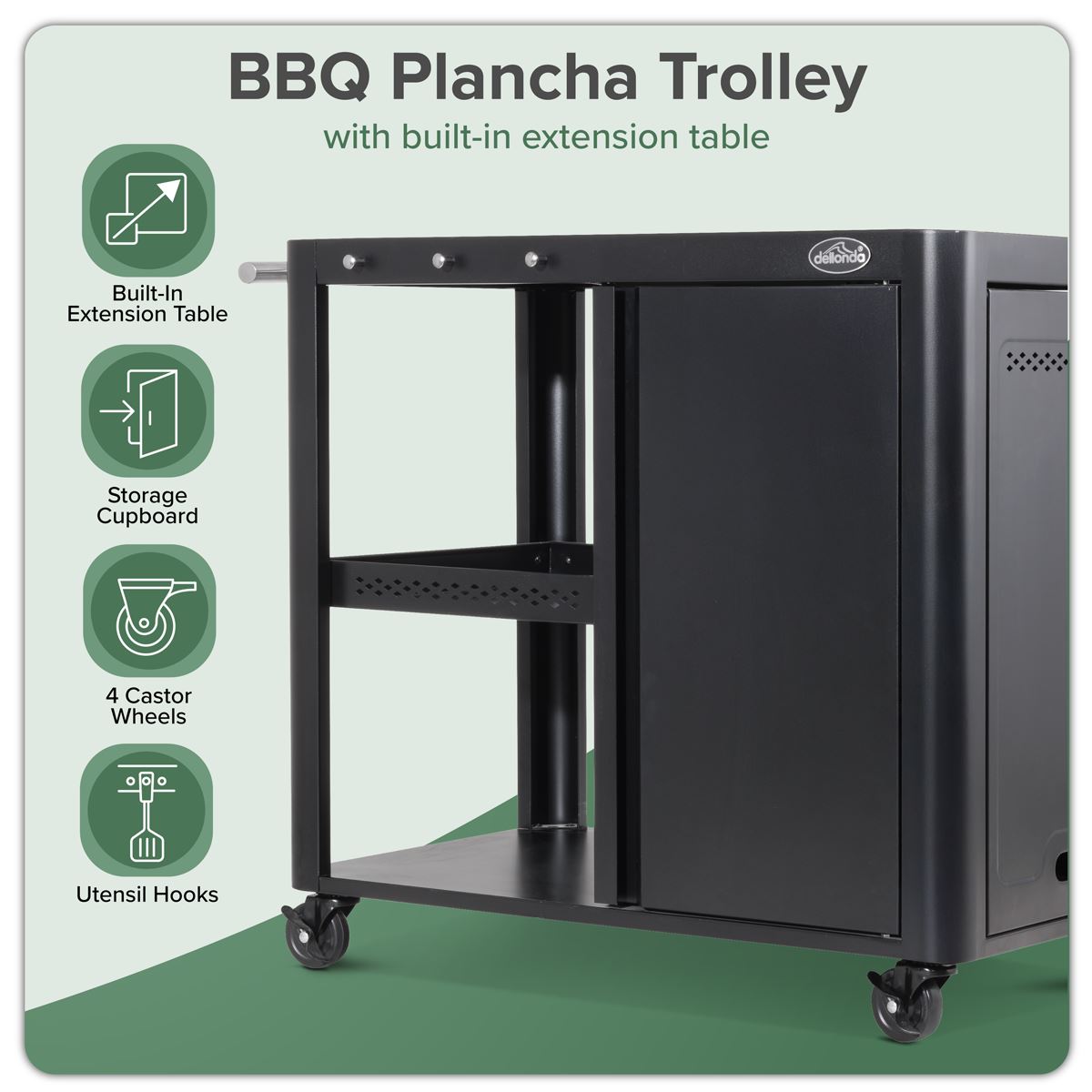Dellonda BBQ/Plancha Workstation Trolley with Cupboard, Extension Table & Utensil Hooks, Black