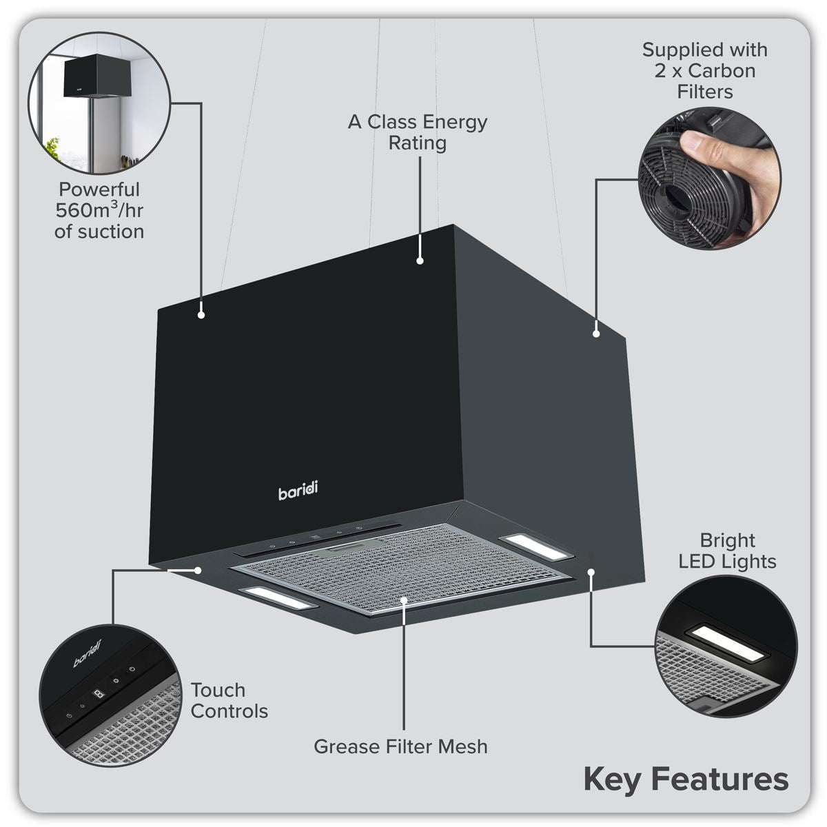 Baridi Square Island Cooker Hood 40cm - Black