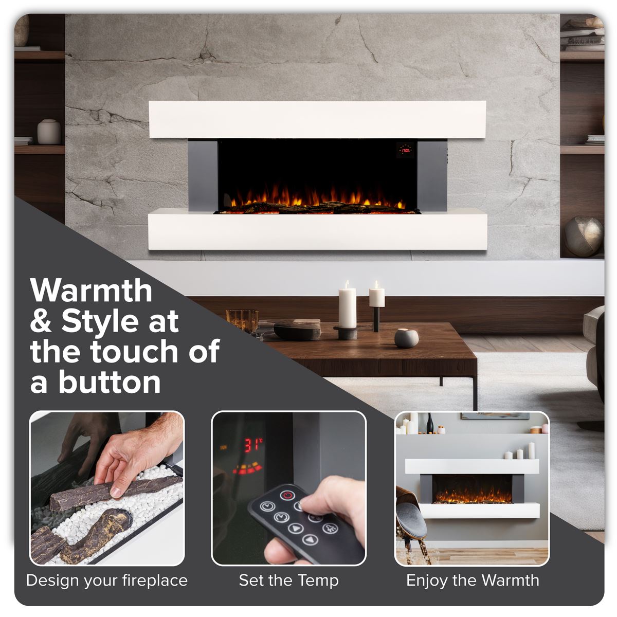 Baridi Wall Mounting Electric Fireplace with LED Flame Effect 52" - Grey
