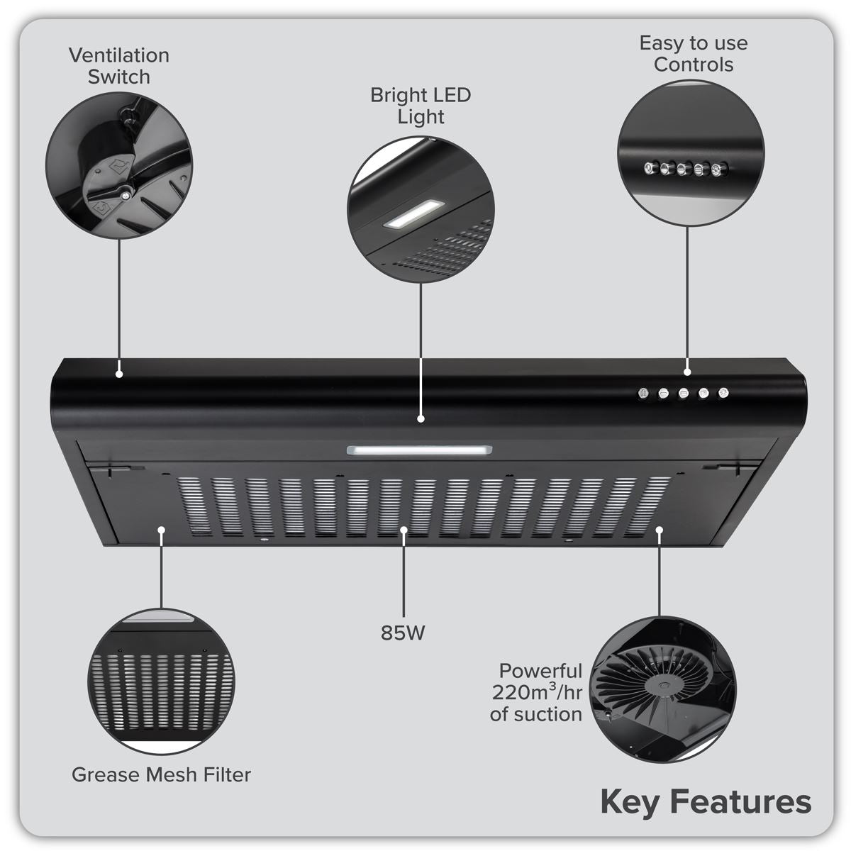 Baridi Visor Cooker Hood Extractor Fan 60cm - Black