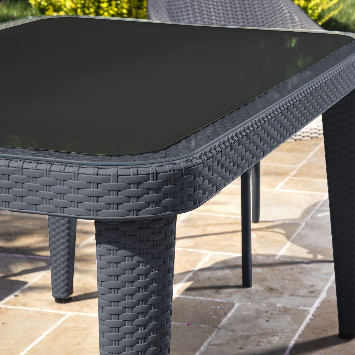 Dellonda Weather-Resistant Polypropylene/Fibreglass Dining Tables with Tempered Glass Top 150 x 90 x 76cm - Anthracite
