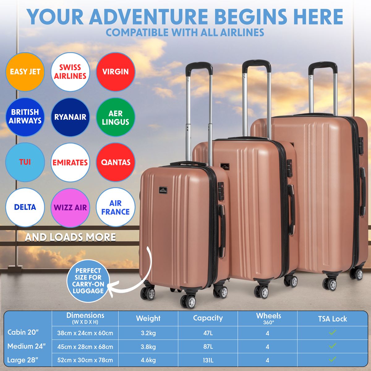 Dellonda Lightweight ABS Luggage Set with TSA Lock - Rose Gold