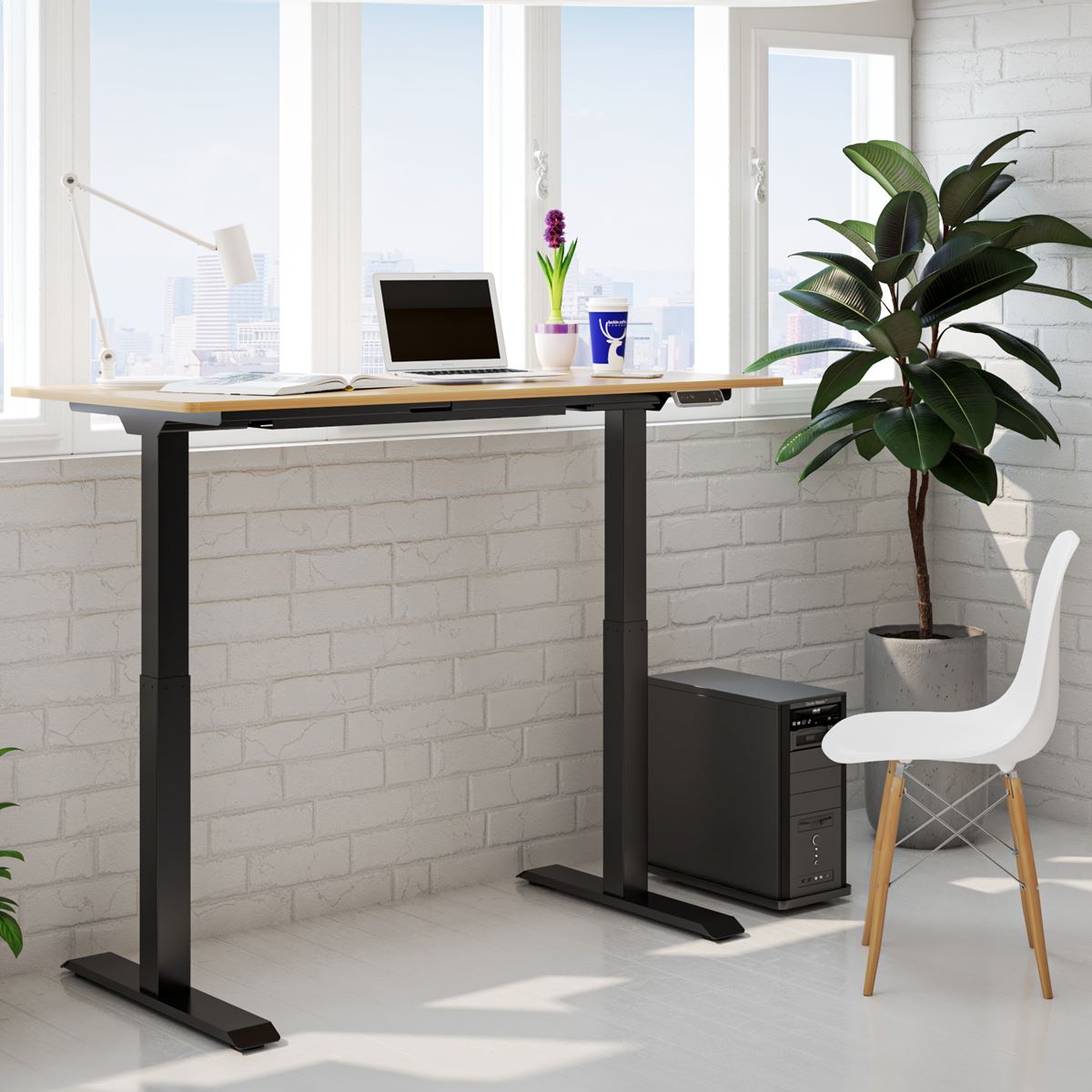 Dellonda Oak Electric Height Adjustable Standing Desk, 1400 x 700mm Dual Motor 100kg