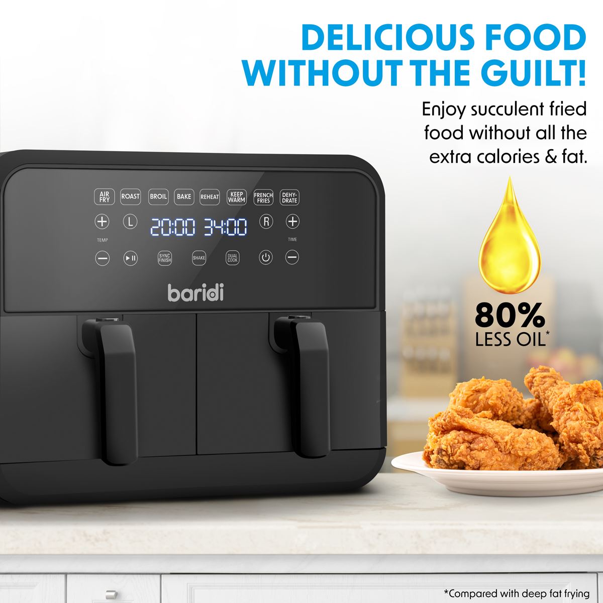 Baridi Dual Zone Air Fryer with 8 Preset Functions 8L Capacity