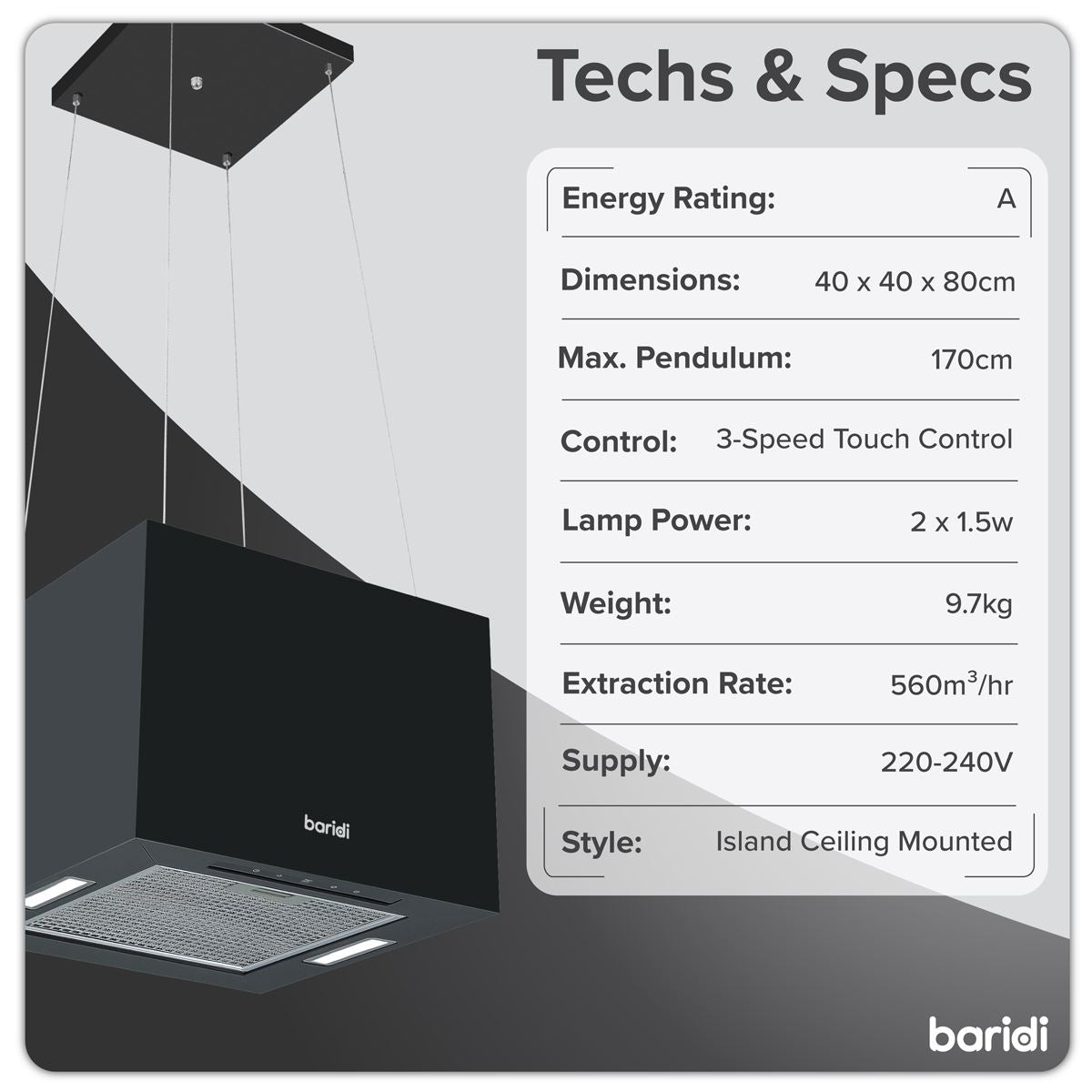 Baridi Square Island Cooker Hood 40cm - Black