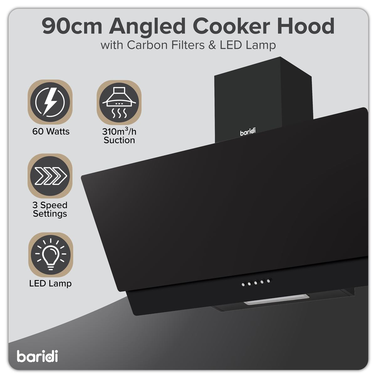 Baridi Angled Chimney Cooker Hood with Carbon Filters & LED Lamp 90cm, Energy Class A - Black Glass