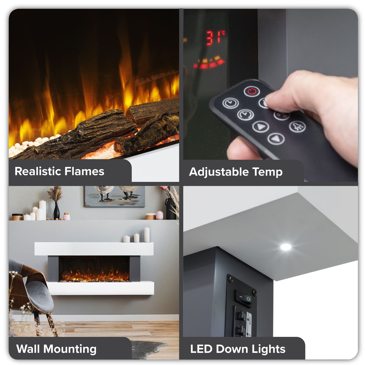 Baridi Wall Mounting Electric Fireplace with LED Flame Effect 52" - Grey