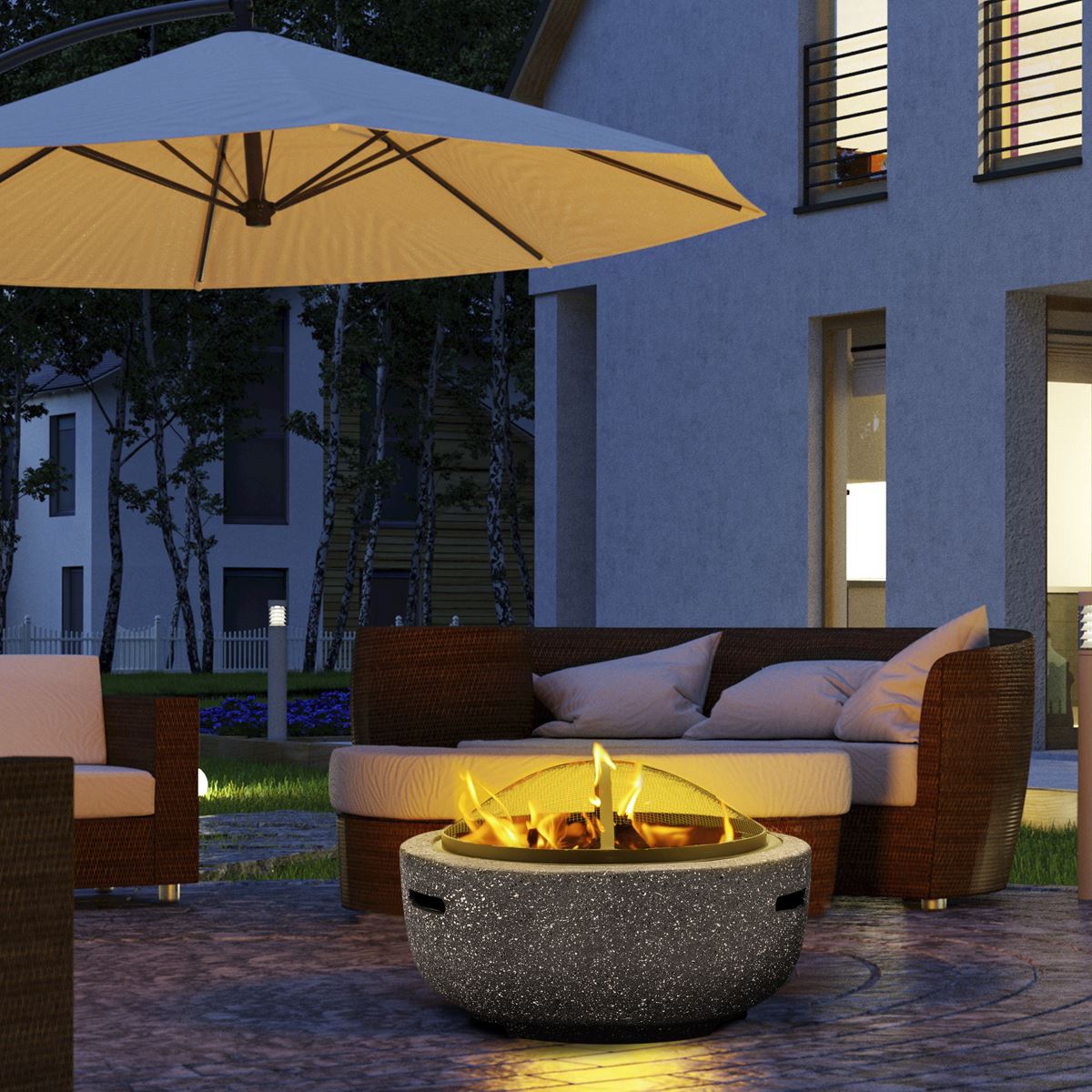 Dellonda Round MgO Fire Pit with BBQ Grill, Ø60cm, Safety Mesh Screen - Dark Grey