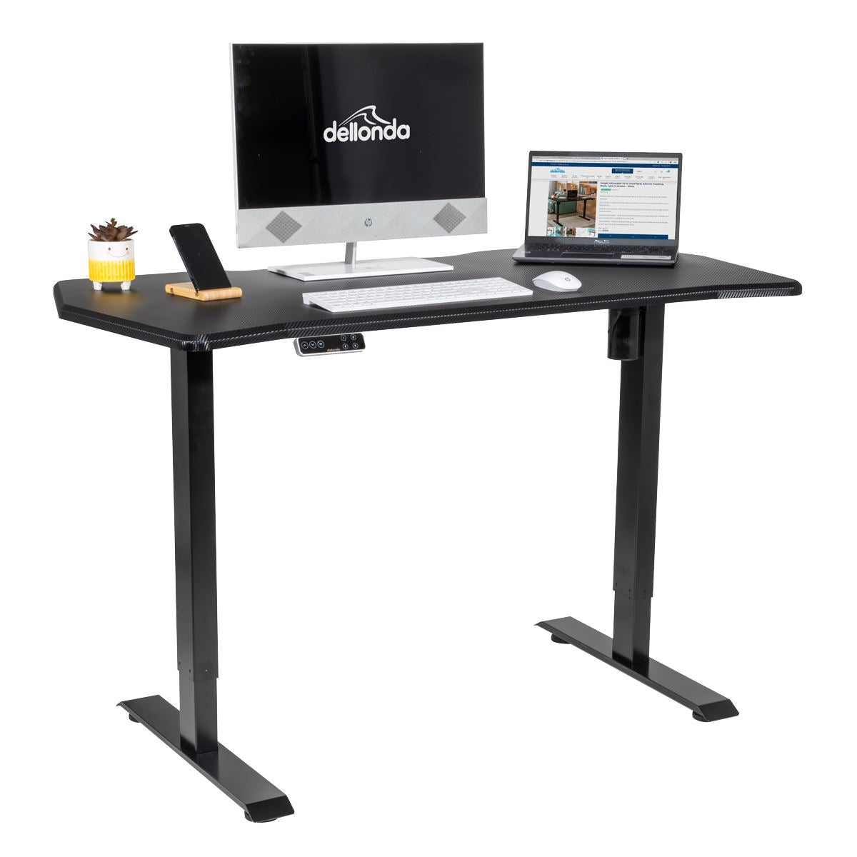 Dellonda Carbon Fibre Effect Electric Height Adjustable Standing Desk with Memory, Quiet, 1400 x 700mm