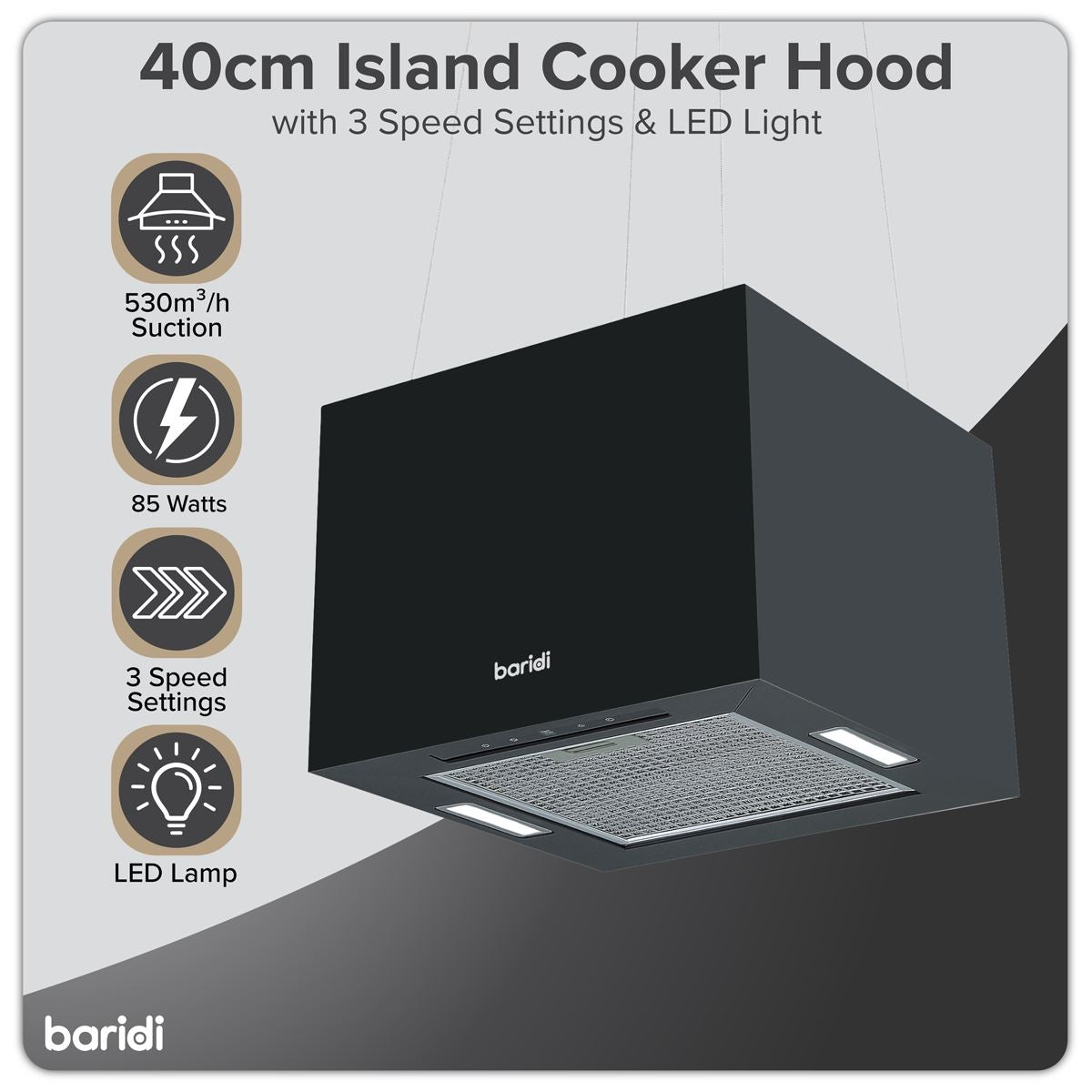Baridi Square Island Cooker Hood 40cm - Black