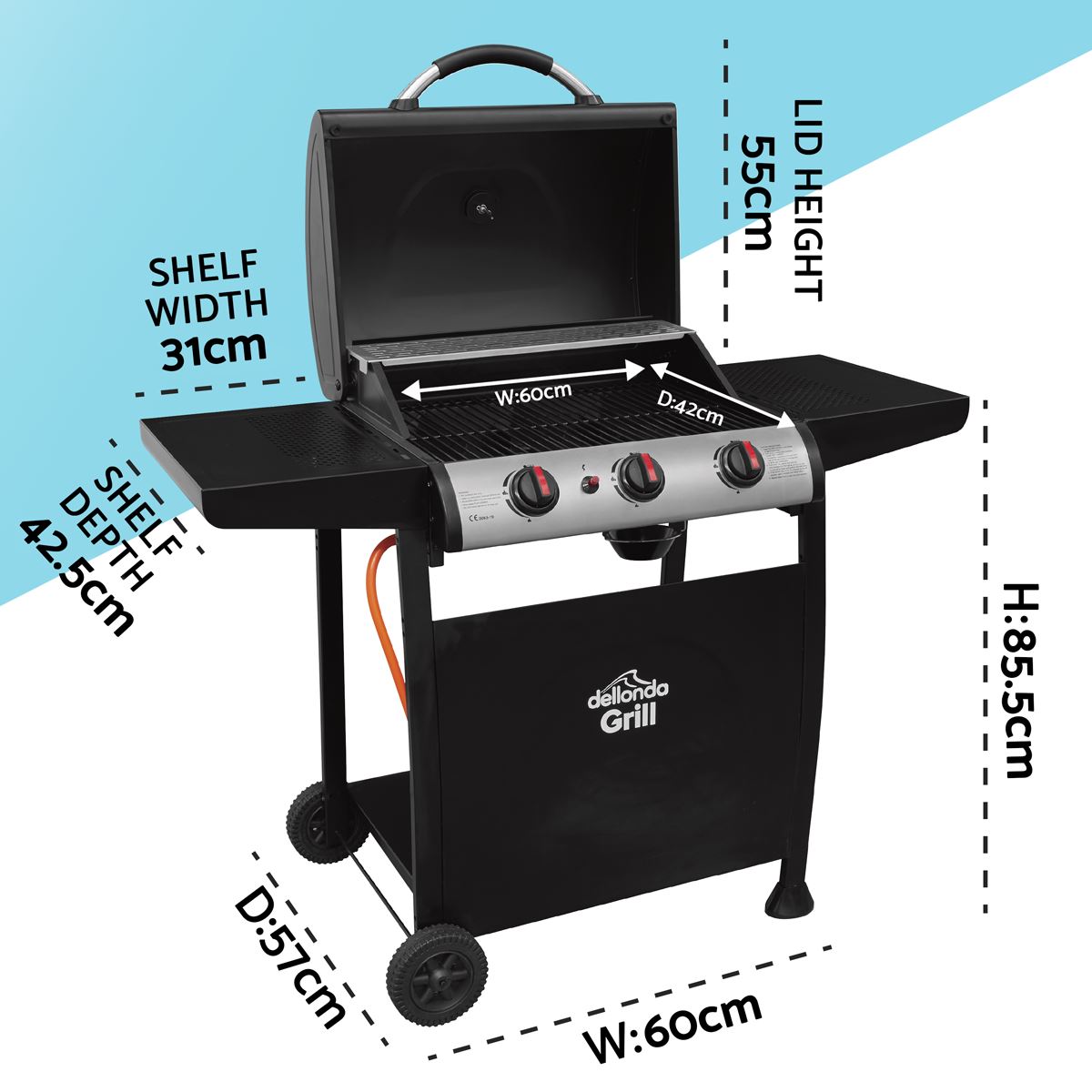 Dellonda 3 Burner Gas BBQ Grill with Piezo Ignition & Thermometer