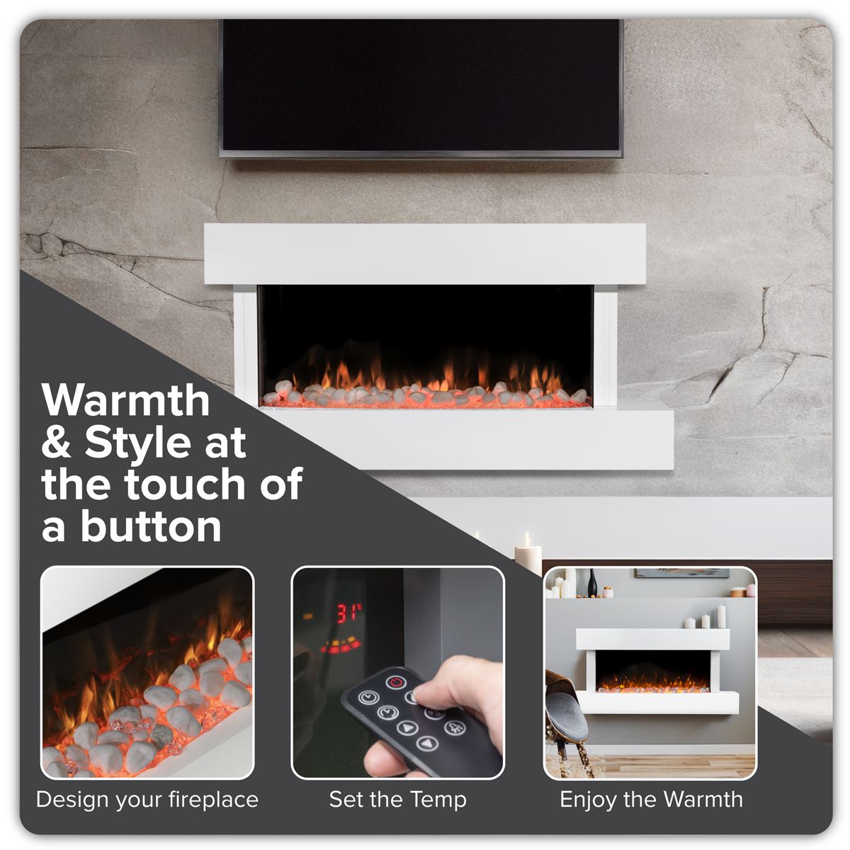 Baridi Wall Mounting Electric Fireplace with LED Flame Effect 46" - White