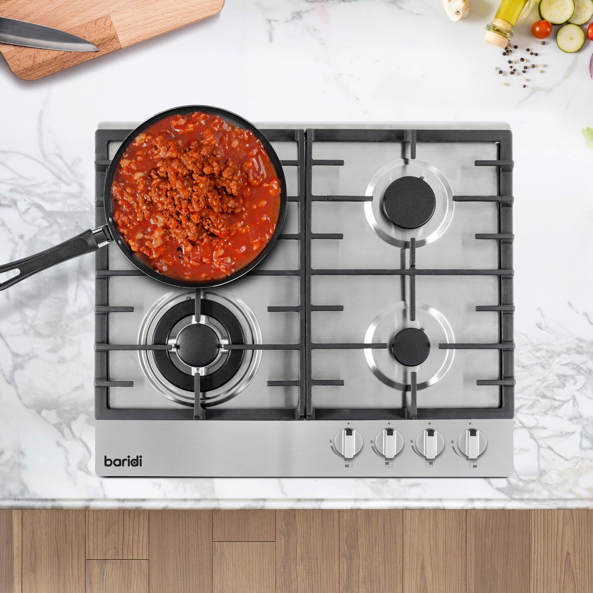 Baridi Gas Hob with 4 Cooking Zones 60cm - Stainless Steel