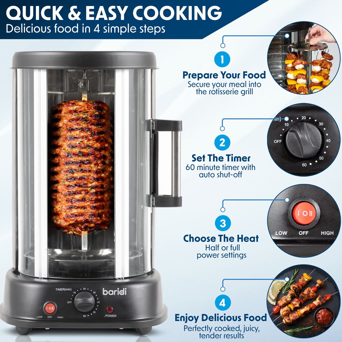 Baridi Vertical 360° Rotisserie Smokeless Grill 21L Capacity