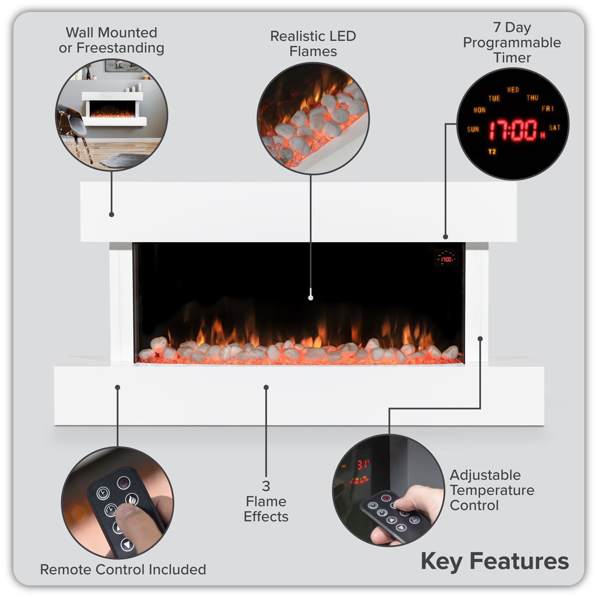 Baridi Wall Mounting Electric Fireplace with LED Flame Effect 46" - White