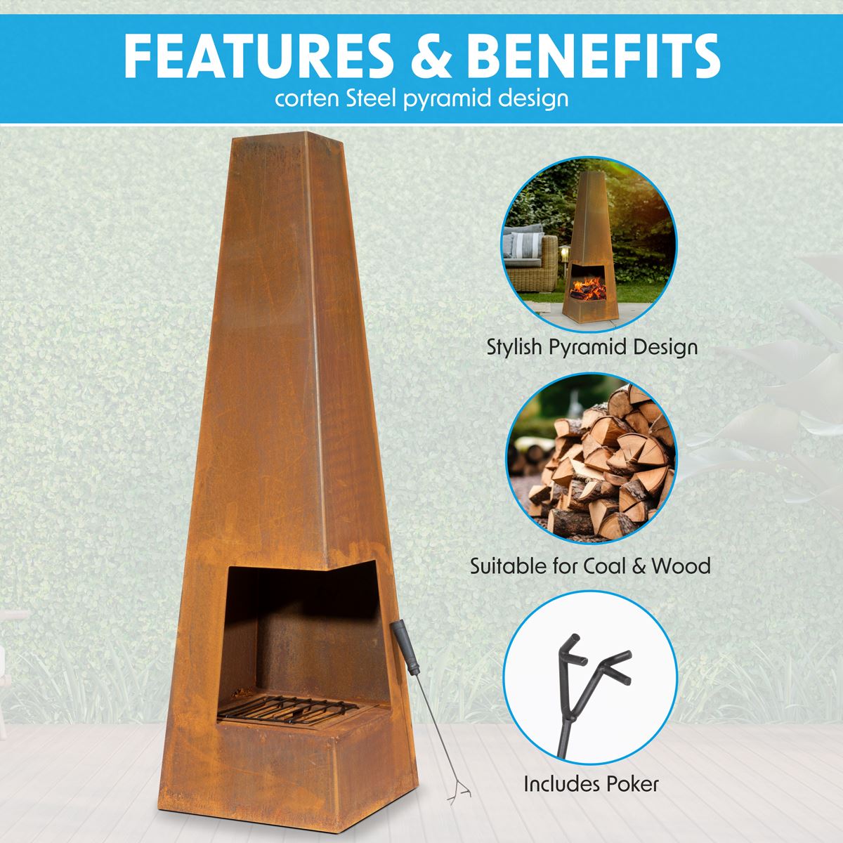 Dellonda Chiminea, Wood Burner, Heater for Outdoors W45cm x H150cm, Corten Steel
