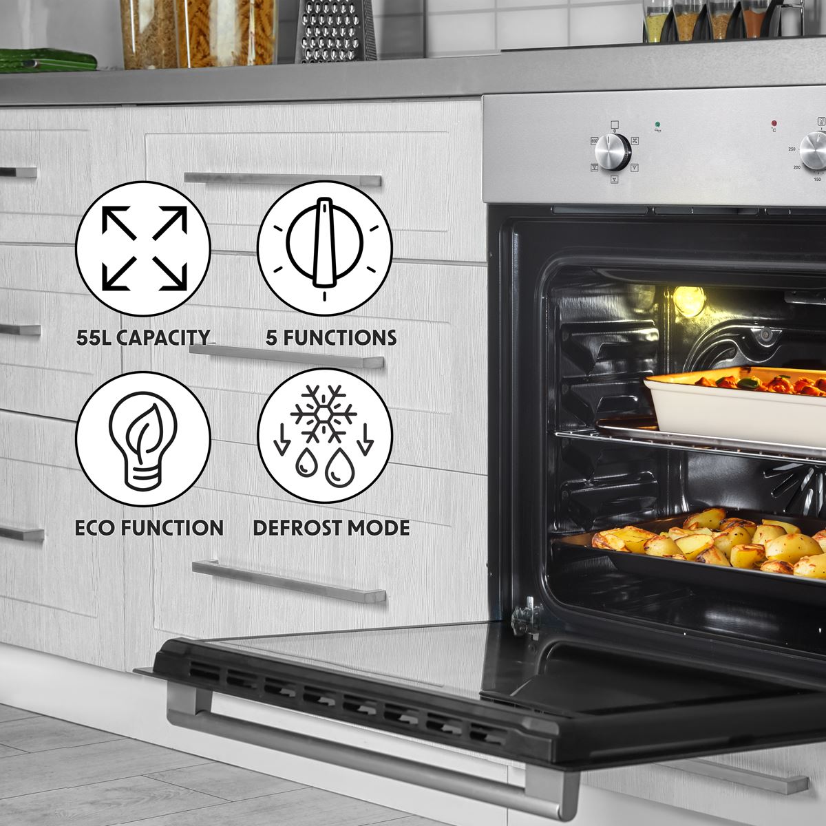 Baridi Integrated Fan-Assisted Electric Oven 60cm 55L Capacity - Black/Stainless Steel