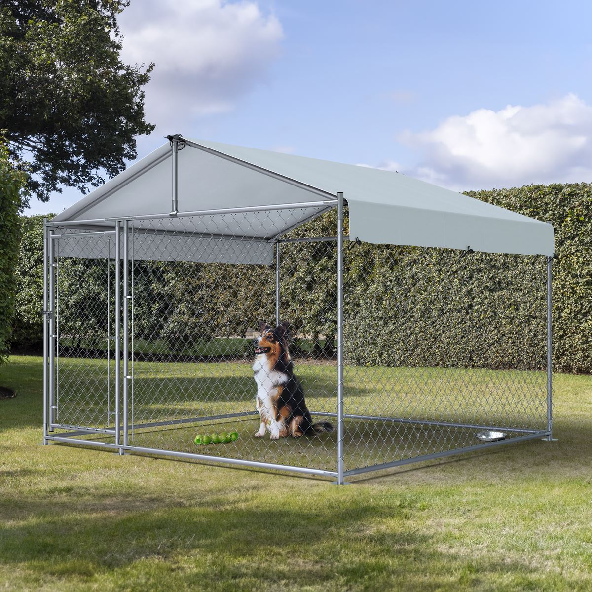 Dellonda Galvanised Steel Dog Kennel with Roof Cover & Chain Link Fencing