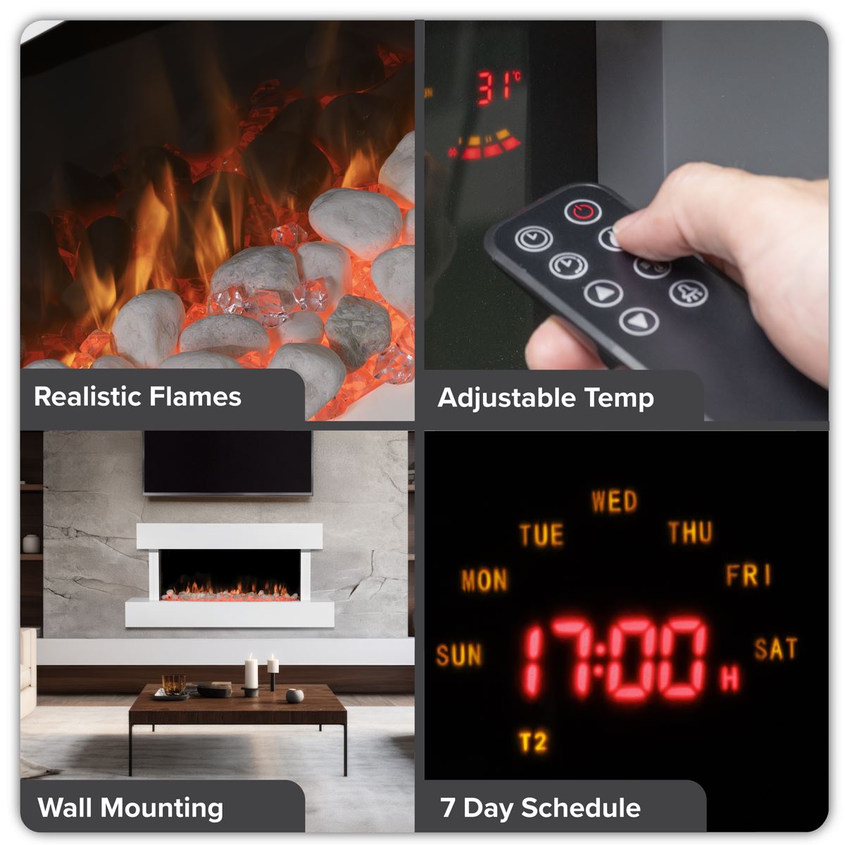 Baridi Wall Mounting Electric Fireplace with LED Flame Effect 46" - White