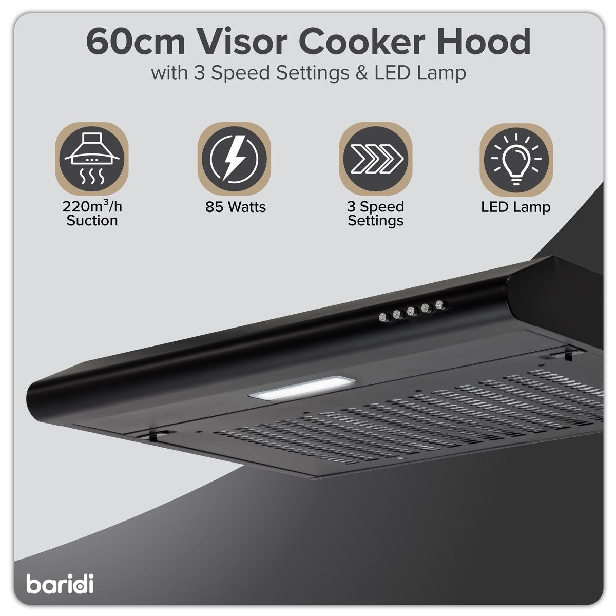 Baridi Visor Cooker Hood Extractor Fan 60cm - Black