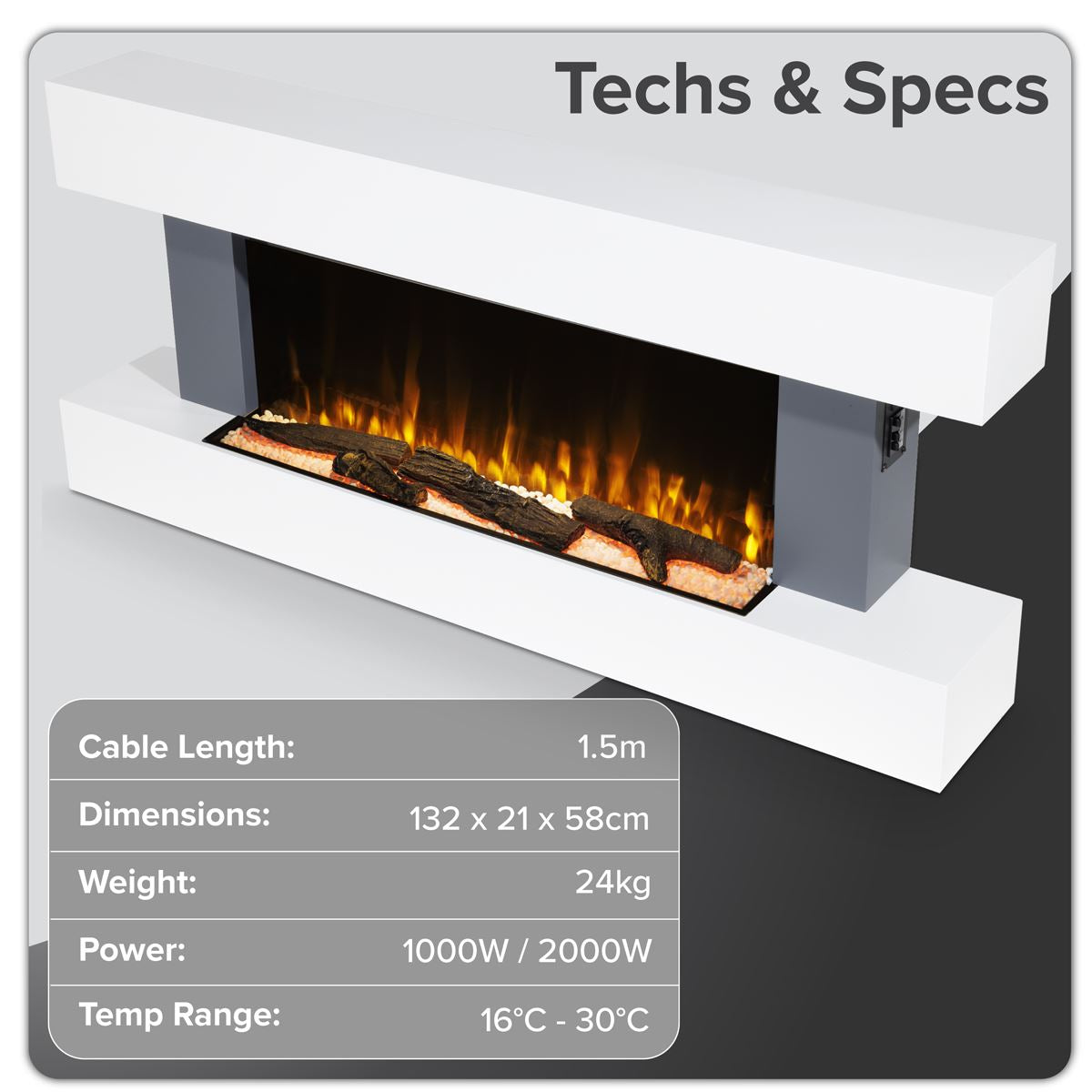Baridi Wall Mounting Electric Fireplace with LED Flame Effect 52" - Grey