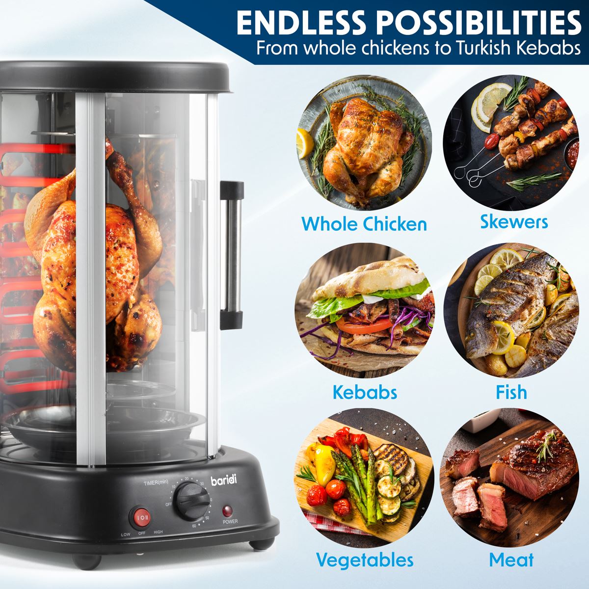 Baridi Vertical 360° Rotisserie Smokeless Grill 21L Capacity