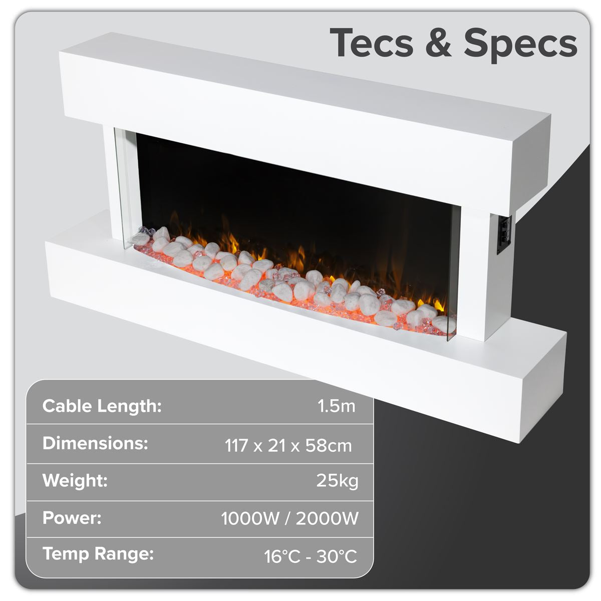 Baridi Wall Mounting Electric Fireplace with LED Flame Effect 46" - White