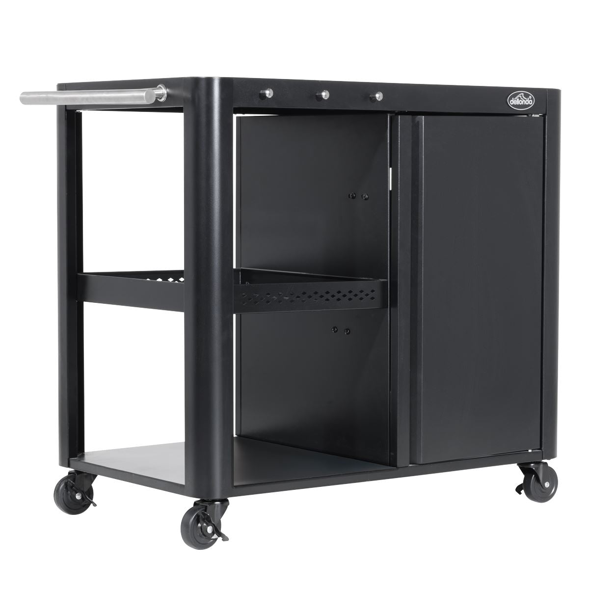 Dellonda BBQ/Plancha Workstation Trolley with Cupboard, Extension Table & Utensil Hooks, Black