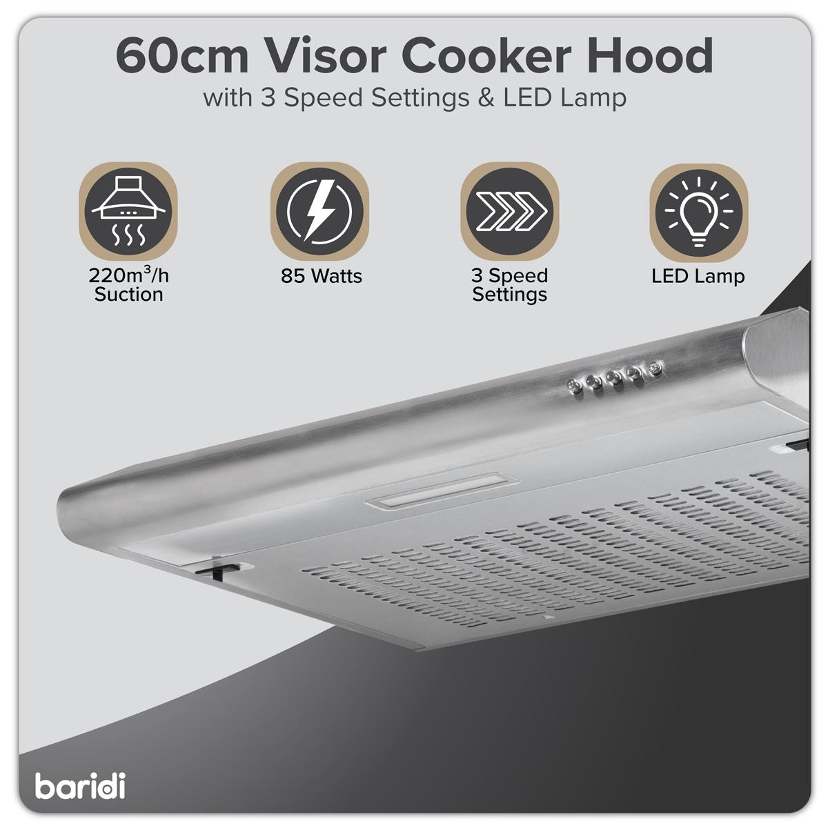 Baridi Visor Cooker Hood Extractor Fan 60cm - Stainless Steel