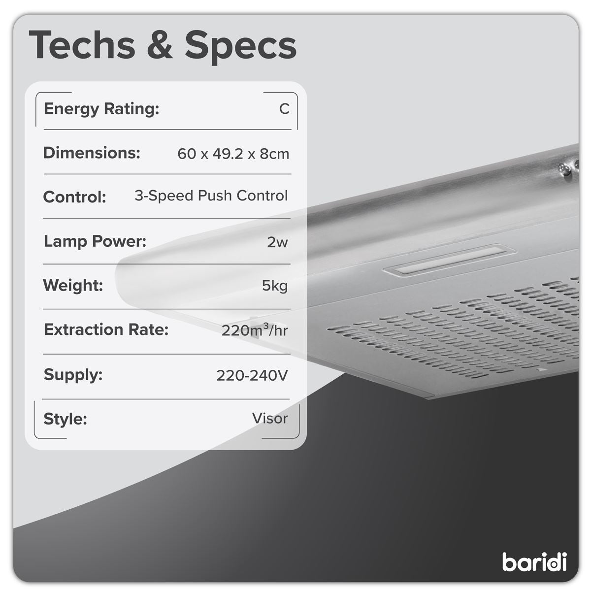 Baridi Visor Cooker Hood Extractor Fan 60cm - Stainless Steel