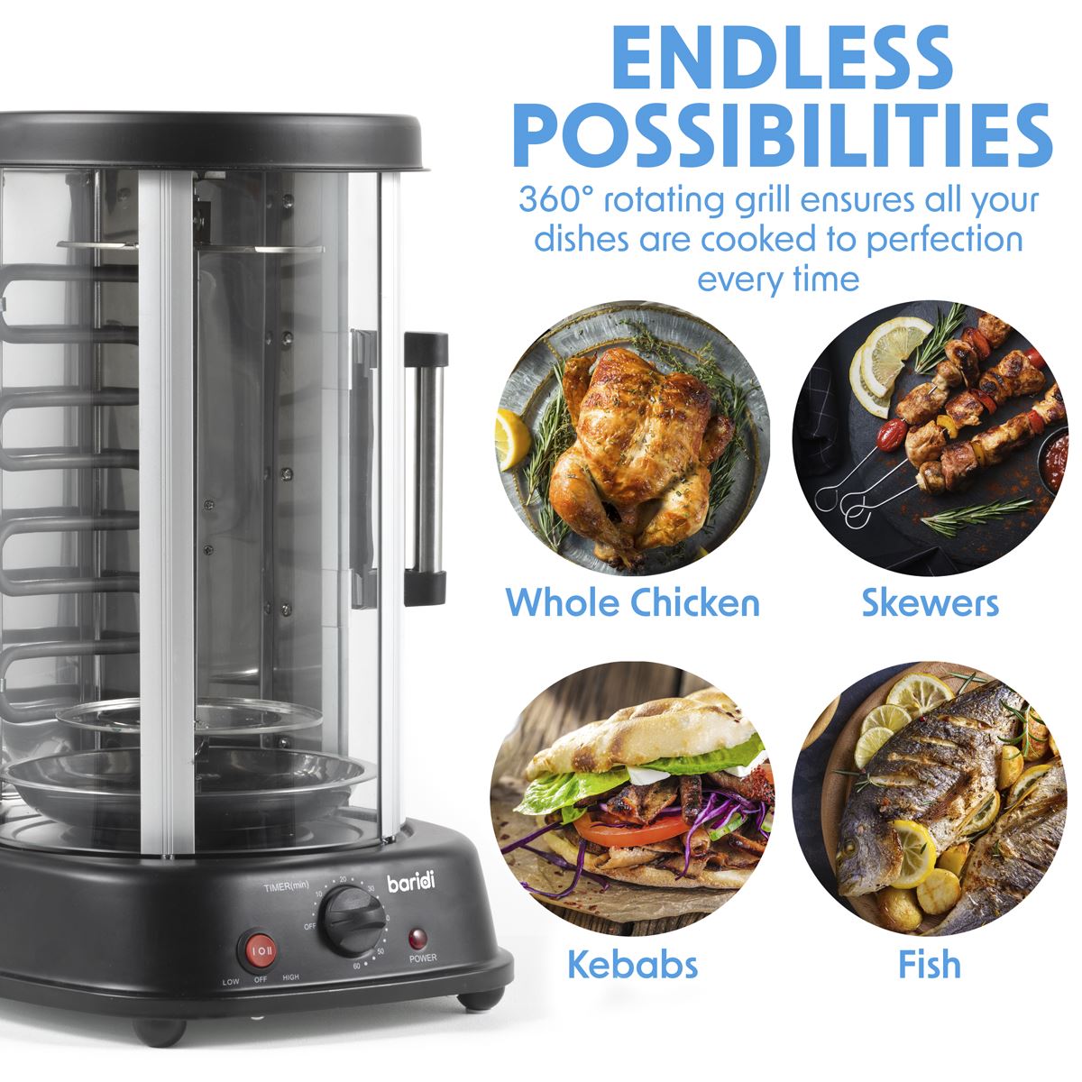 Baridi Vertical 360° Rotisserie Smokeless Grill 21L Capacity