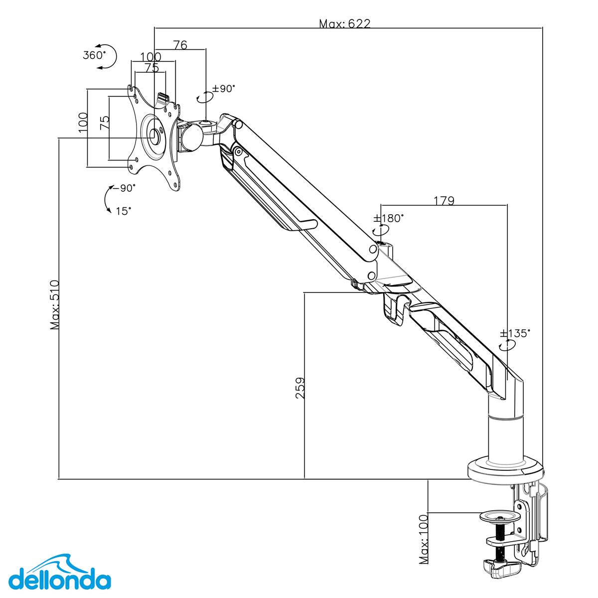 Dellonda Adjustable Single Monitor Arm with 360° Rotation - White