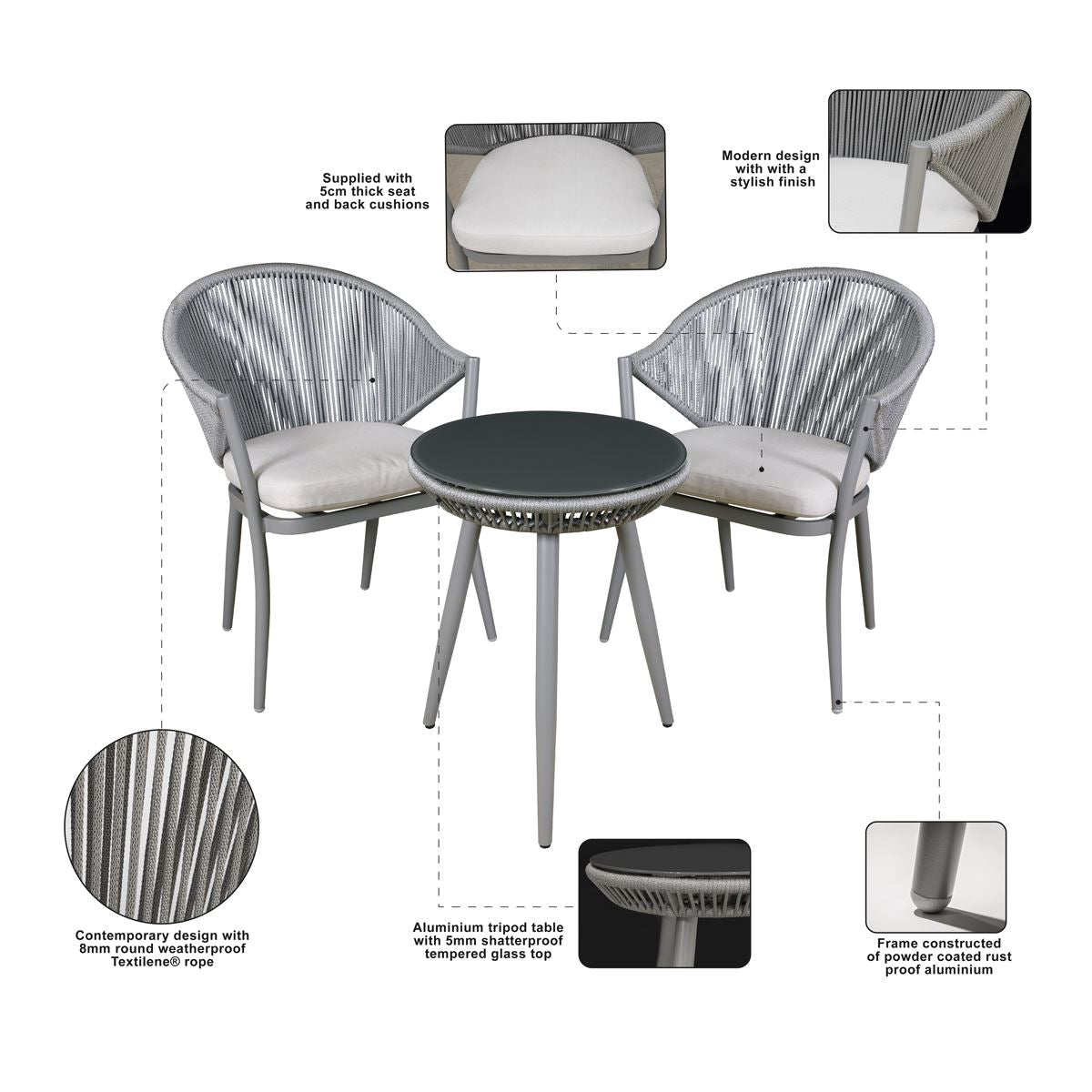 Dellonda Echo Aluminium Garden Furniture Balcony Set with Tempered Glass Tabletop 3pc