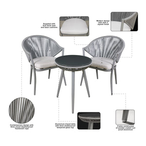 Dellonda Echo Aluminium Garden Furniture Balcony Set with Tempered Glass Tabletop 3pc