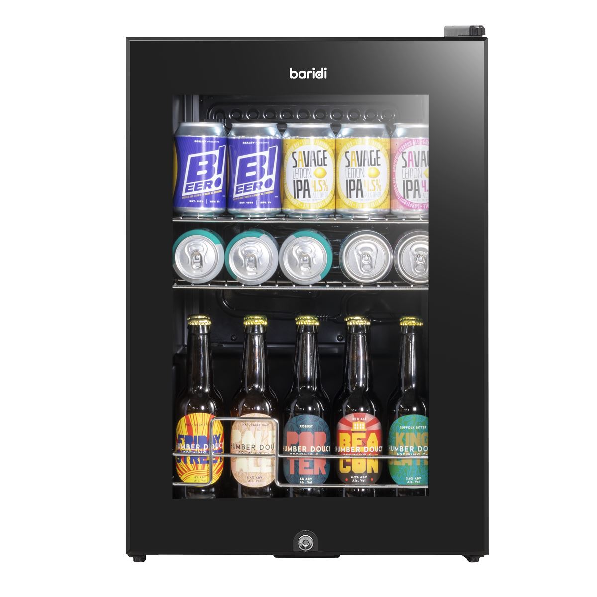 Baridi Beer & Drinks Fridge with LED Light, Black and Glass Door 60L