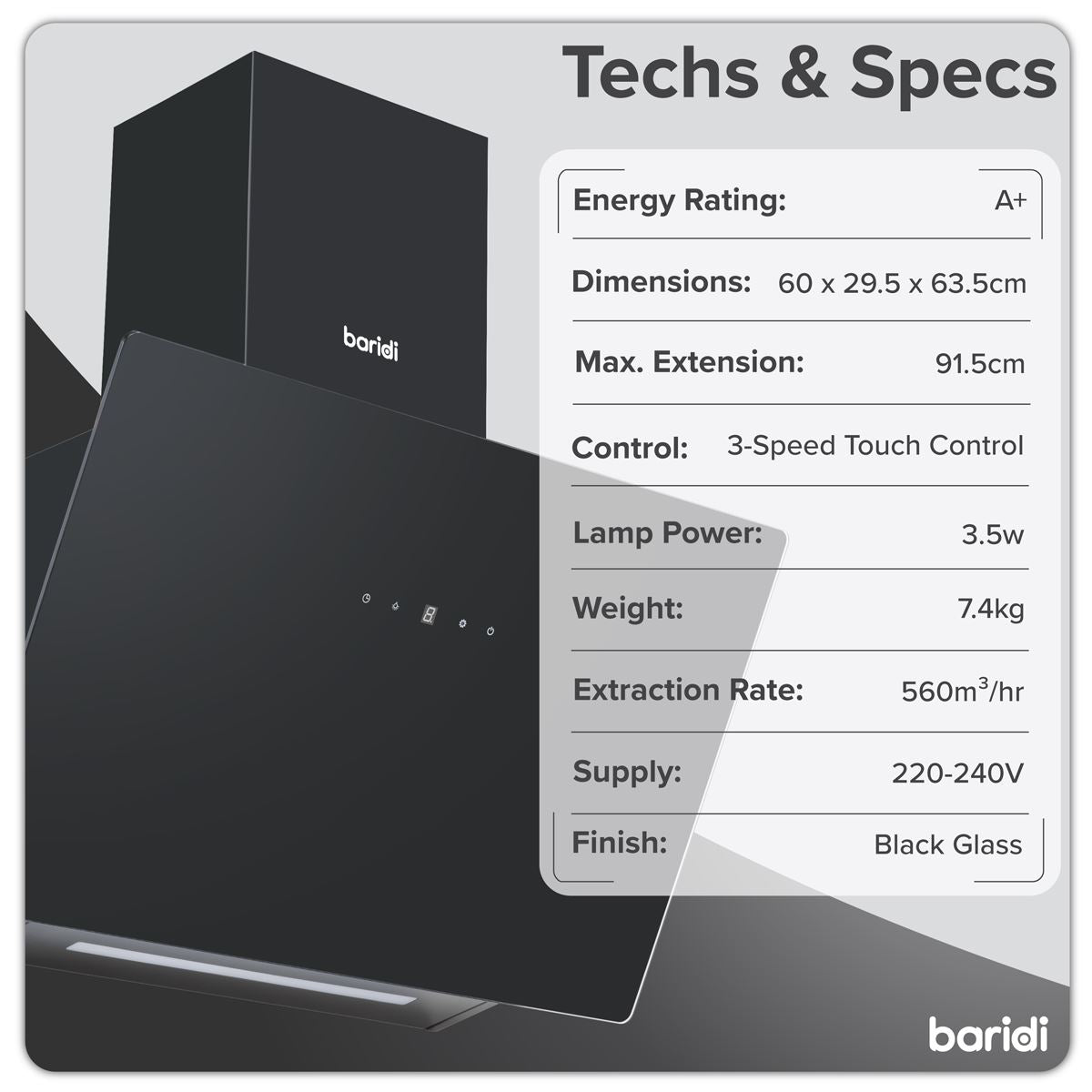 Baridi Angled Chimney Cooker Hood with Touch Controls & Carbon Filters 60cm - Black Glass