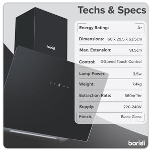 Baridi Angled Chimney Cooker Hood with Touch Controls & Carbon Filters 60cm - Black Glass