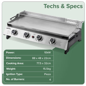 Dellonda 4 Burner Stainless Steel Portable Gas Plancha with Warming Rack 10kW