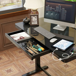 Dellonda Single Motor Ultra-Quiet Electric Desk with Control Panel, USB Port & Drawer - Black Desktop