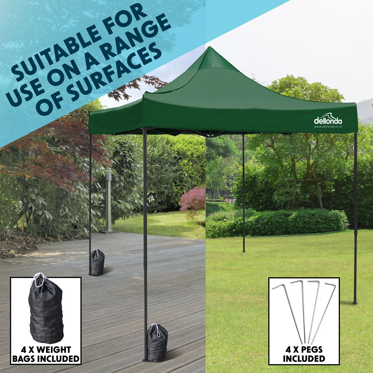 Dellonda Dark Green Premium 3 x 3m Pop-Up Gazebo, PVC Coated, Water Resistant Fabric, Supplied with Carry Bag & Accesories