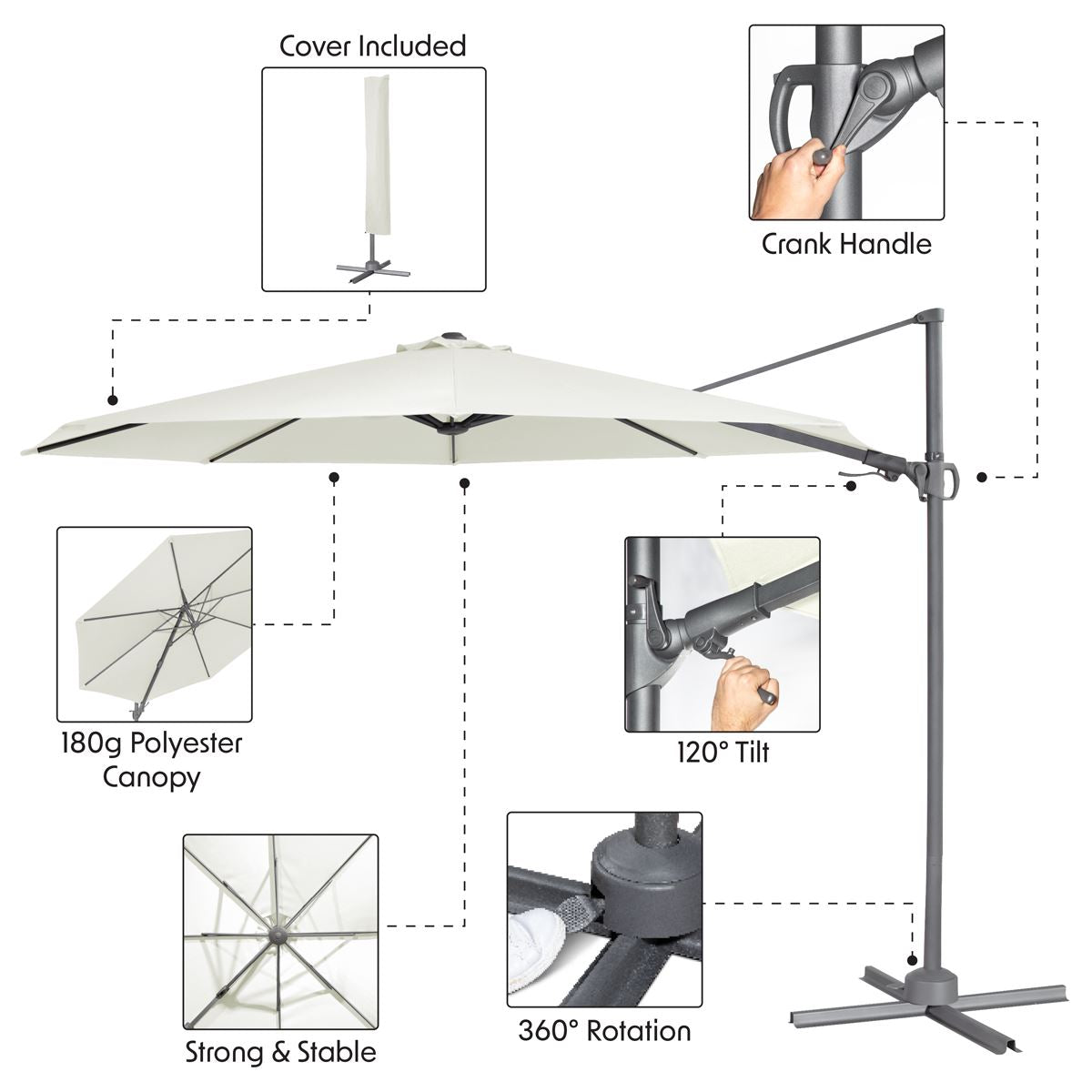 Dellonda Cantilever Parasol with 360° Rotation, Tilt & Cover 3m - Cream