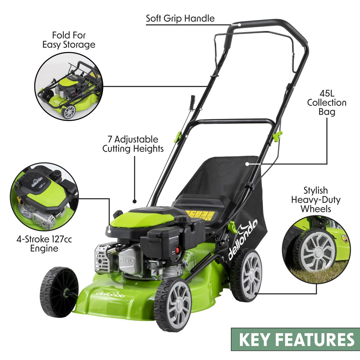 Dellonda Hand-Propelled Petrol Lawnmower Grass Cutter, 127cc 16"/41cm 4-Stroke
