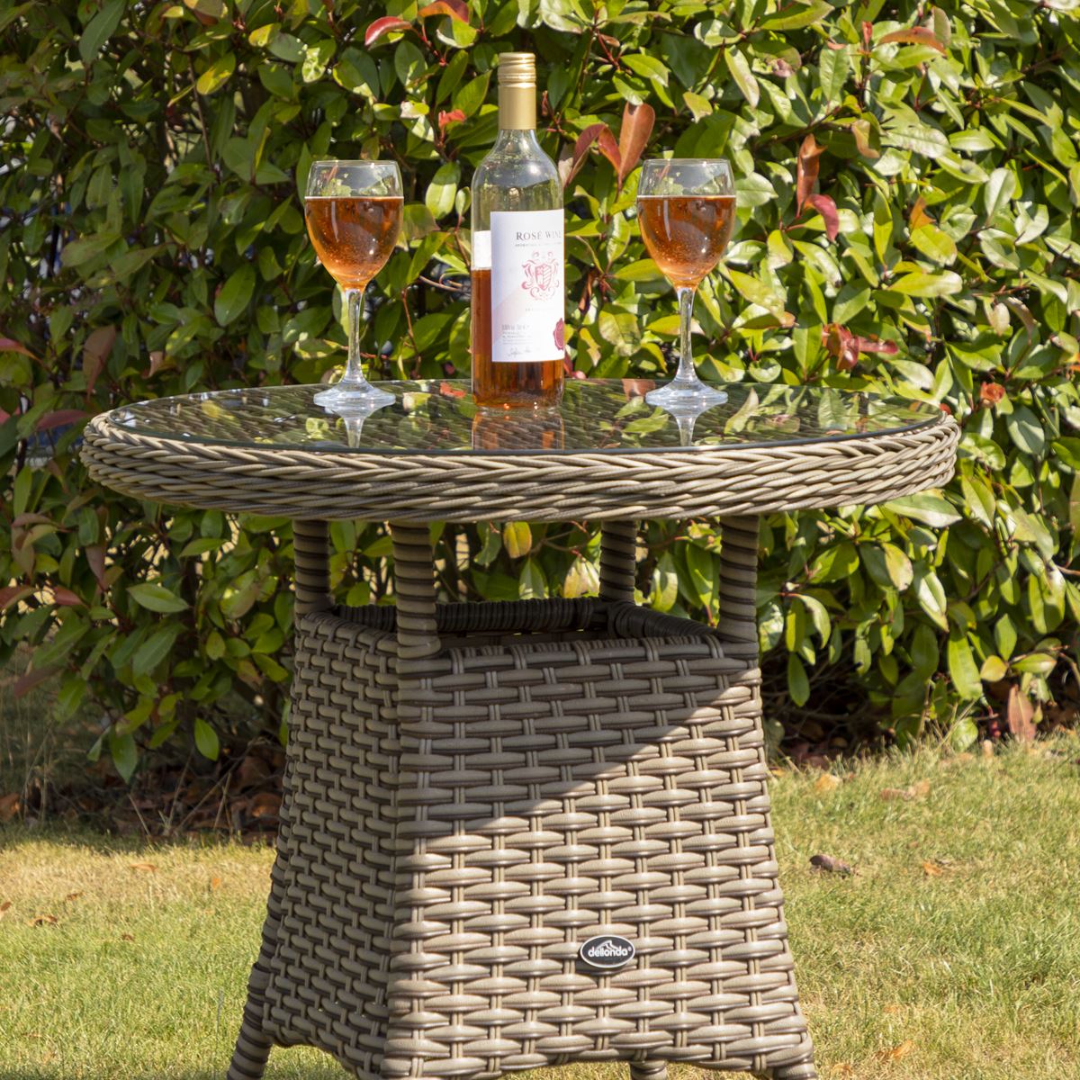 Dellonda Chester Rattan Wicker Round Outdoor Table with Tempered Glass Top